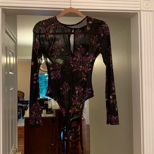 NBD Black Floral Print Sheer Body Suit Size Medium  NWT